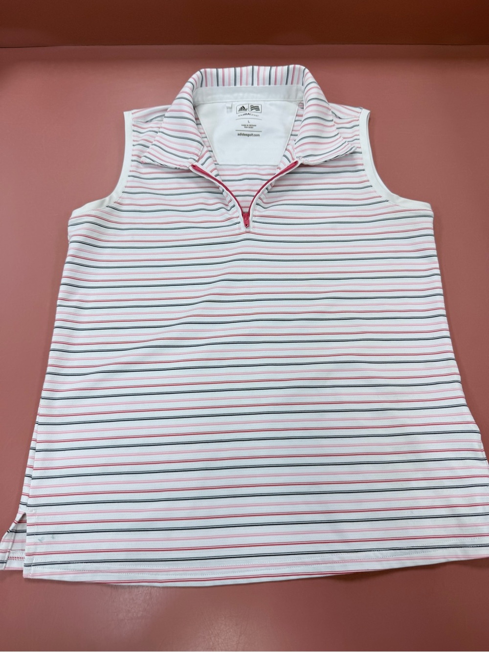adidas Women’s White Sleeveless Polo with Pink & Gray Stripes